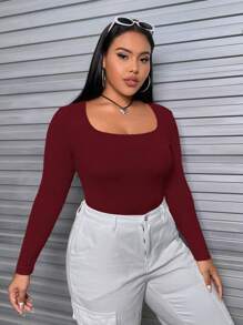 SHEIN EZwear 女款大尺碼圓領純色修身長袖 T 卹 - 酒紅色 - 查看 1