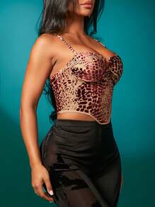 SHEIN SXY 夜店加厚內置胸墊，可拆式胸墊杯，不可拆式胸墊杯，女士復古紅色豹紋/卡其色網眼美麗細肩帶頂部，配有胸墊細節束腰衣 - 彩色 - 查看 6