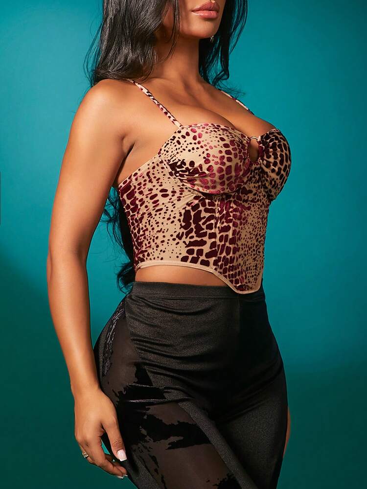 Nightclub Padded Built-In Bra Padding Chest Pad Removable Padding Chest Cup Non Removable Padding Women's Retro Red Leopard Print Khaki Mesh Gorgeous Spaghetti Strap Top With Breast Cup Details Corset