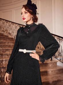 Vintamour 女士們圓點蕾絲鑲邊襯衫 - 黑色 - 查看 9