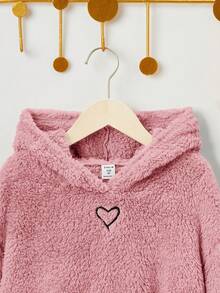 SHEIN Tween Girl Heart Embroidery Drop Shoulder Teddy Sweatshirt - Dusty Pink - View 3