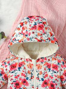 女婴花卉印花连帽棉服外套 - 粉色 - 查看 3