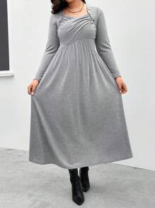 SHEIN LUNE 秋季大码纯色方领 A 字形连衣裙 - 灰色 - 查看 6