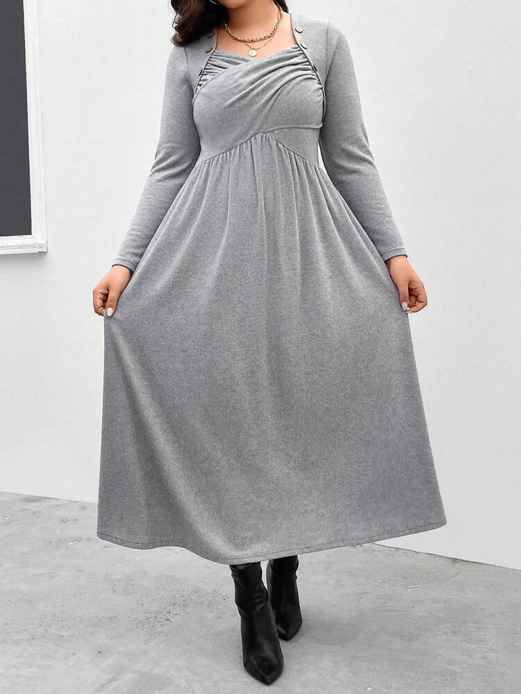 Plus Size Solid Square Neck A-Line Dress For Autumn