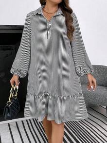 SHEIN LUNE 條紋印花燈籠袖荷葉邊娃娃裙 - 黑與白 - 查看 4