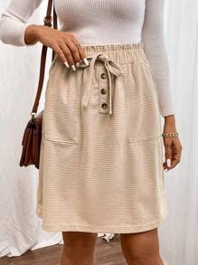 SHEIN LUNE Paperbag Waist Knot Front Slant Pocket Skirt - Apricot - View 1