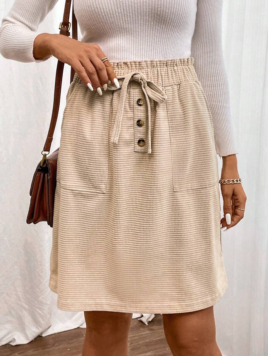 SHEIN LUNE Paperbag Waist Knot Front Slant Pocket Skirt - Apricot - View 1