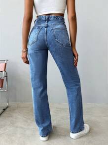 EURMUSE Casual High Waist Straight Leg Jeans - Royal Blue - View 2