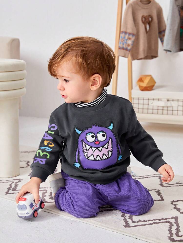Unisex Baby Casual Little Monster Printed Long Sleeve Sweatshirt And Pants Set