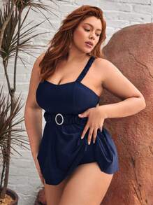 SHEIN Swim Curve Women'S Plus Size Solid Color High Waisted Bikini Set With Belted Vest Cropped Top Summer - Navy Blue - View 3