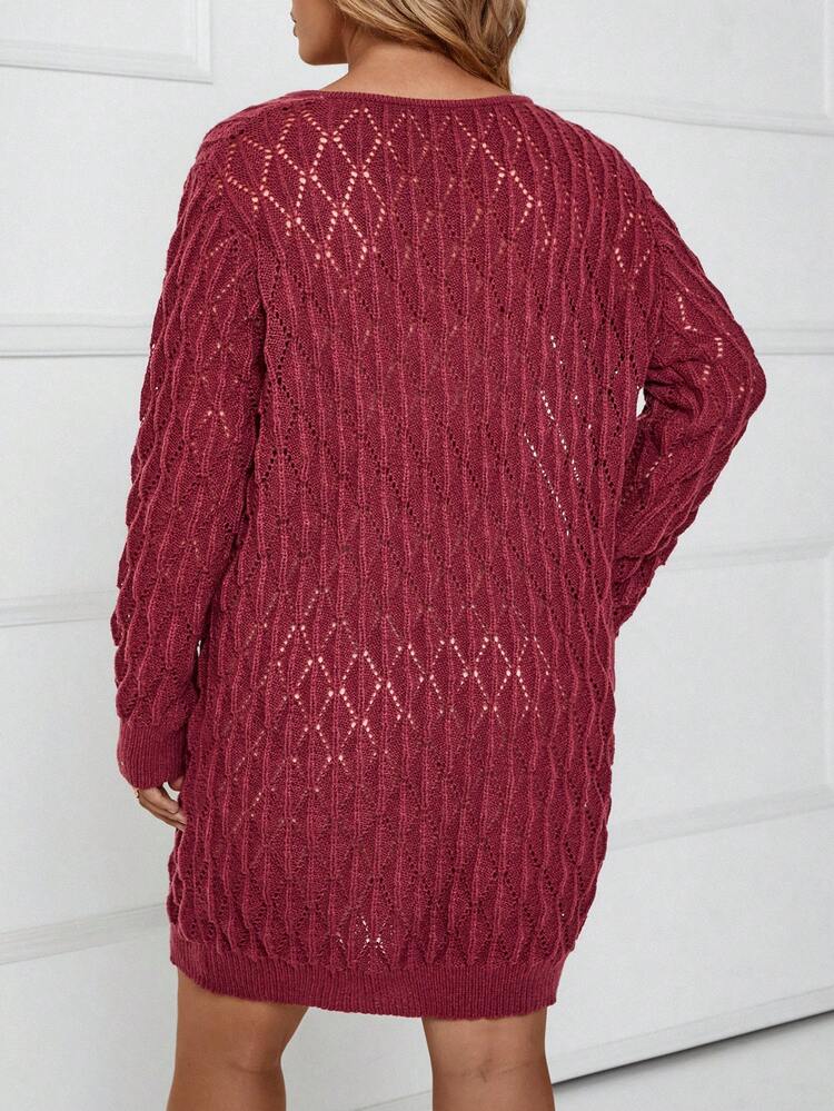 Plus Chain Detail Keyhole Neckline Pointelle Knit Sweater Dress Fall Cloth For Women
