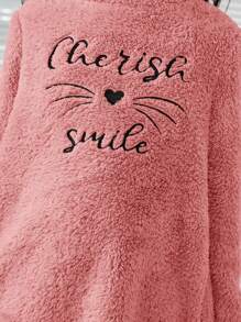 SHEIN 女大童刺繡字母&卡通圖案荷葉邊絨毛睡裙 - 藕粉色 - 查看 3