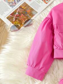 SHEIN 休閒口袋 前紐扣純色女童（小）兩件套 - 玫紅色 - 查看 3