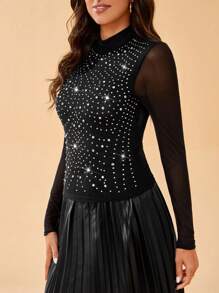 SHEIN Tall 水鑽細節網紗拼接T恤 - 黑色 - 查看 7