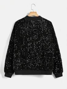 SHEIN Essnce 大碼星星補丁貼拉鏈開襟亮片飛行員夾克 - 黑色 - 查看 2