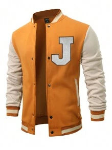 Manfinity Men Letter Graphic Striped Trim Drop Shoulder Varsity Jacket - Yellow - View 6