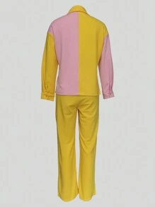 2pcs Contrast Color Collared Casual Elegant Shirt And Solid Color Pants Set - Màu vàng - Xem 2