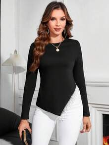 SHEIN Clasi Pha lê Viền rìa Viền không đối xứng Áo thun - màu đen - Xem 3