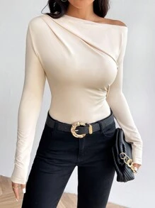 SHEIN Privé 素色不對稱領T恤 - 米色 - 查看 6