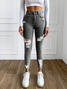 Cloudara Women's Skinny Ripped Jeans ,Petite Women - Grey - View 5