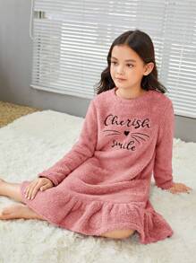 SHEIN 女大童刺繡字母&卡通圖案荷葉邊絨毛睡裙 - 藕粉色 - 查看 1