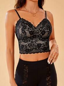 SHEIN Tall Lace Crop Cami Top - Black - View 1