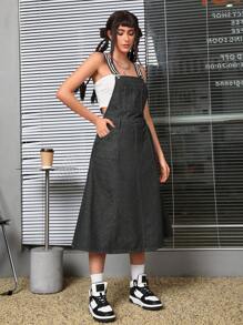 SHEIN EZwear Women's Striped Shoulder Strap Denim Dress