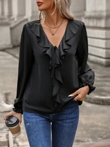 SHEIN Clasi Viền Ruffle Tay áo loe Áo sơ mi - màu đen - Xem 1