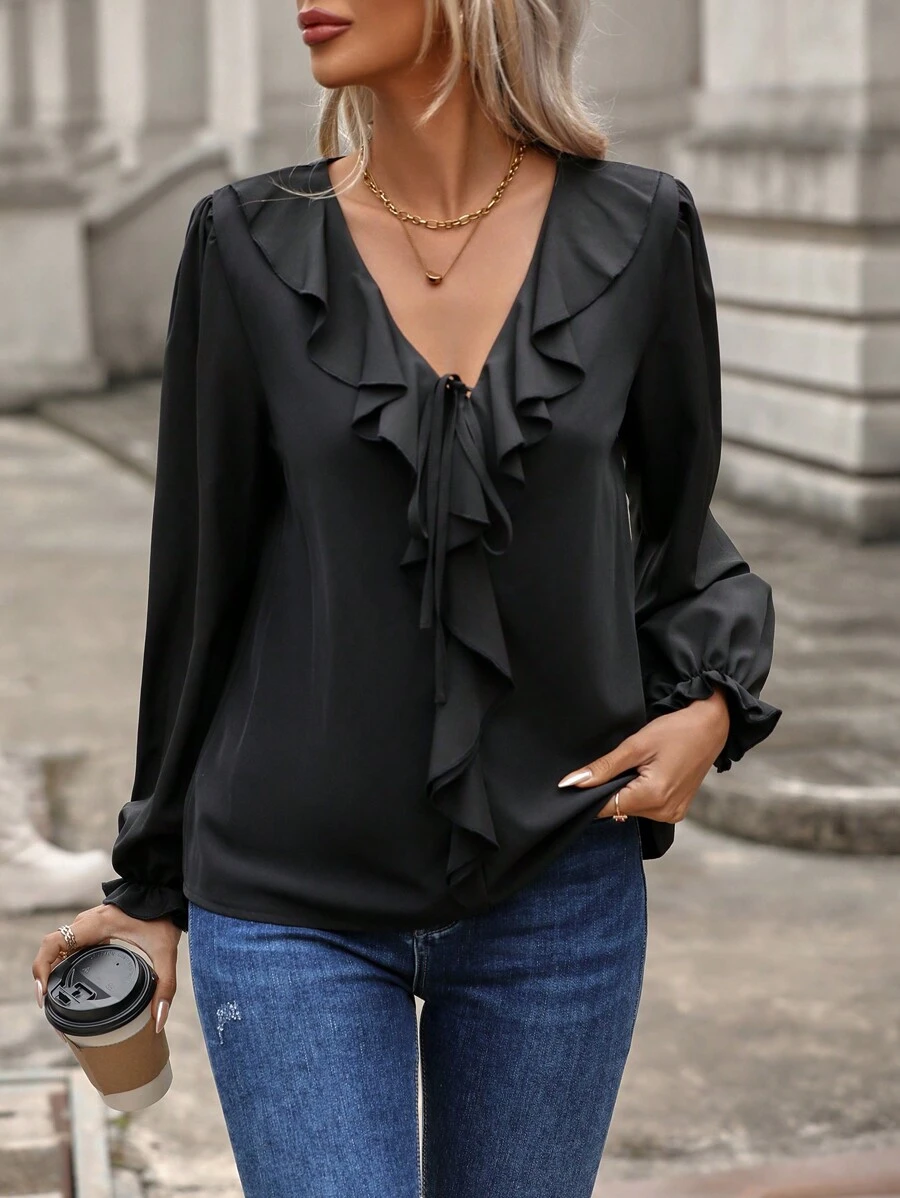 SHEIN Clasi Viền Ruffle Tay áo loe Áo sơ mi - màu đen - Xem 1