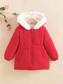 SHEIN 女小童拉鏈開襟毛絨襯裡連帽外套 - 紅色 - 查看 3