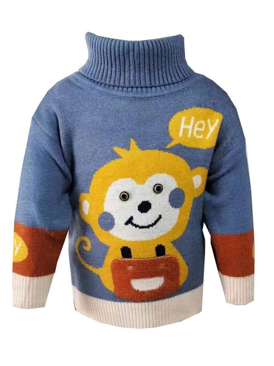 Baby Boy Letter & Cartoon Pattern Turtleneck Sweater - Blue - View 1