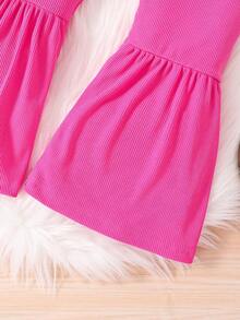 女小童千鳥格印花小高領泡泡袖T恤&喇叭褲 - 玫紅色 - 查看 6