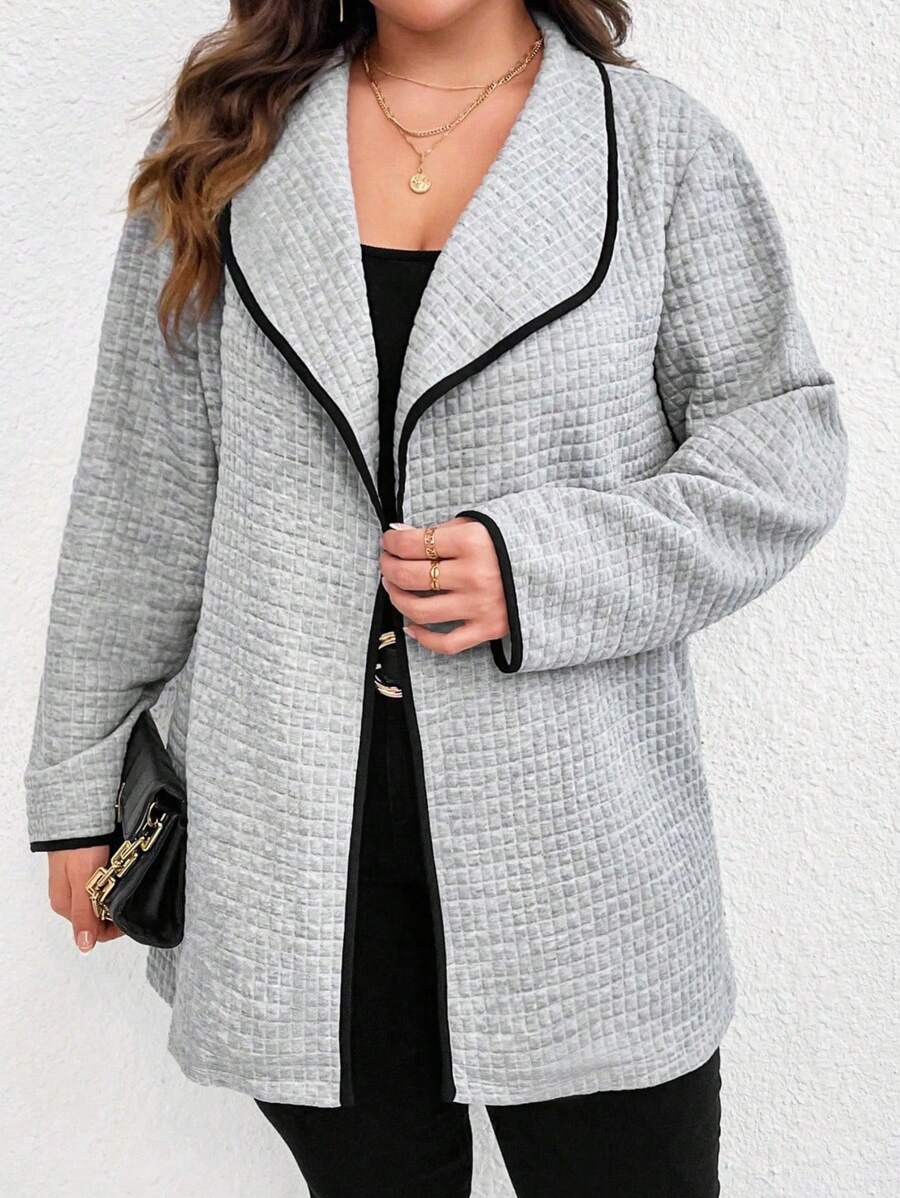 SHEIN LUNE Plus Contrast Binding Waterfall Collar Open Front Coat - Grey - View 1