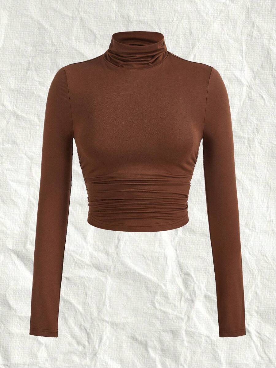 SHEIN EZwear 大碼小高領短款T恤 - 咖啡棕 - 查看 1