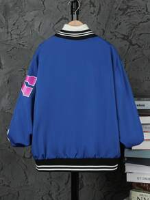 Teen Boy 1pc Letter Graphic Striped Trim Drop Shoulder Varsity Jacket Autumn Fall - Blue - View 2