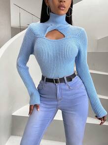 SHEIN Slayr Twist Cut Out Front High Neck Sweater - Baby Blue - View 3