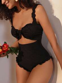 Swim Mod 鏤空褶邊前打結連體泳衣