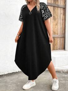 Linhara Plus Leopard Print Raglan Sleeve Curved Hem Tee Dress - Black - View 4