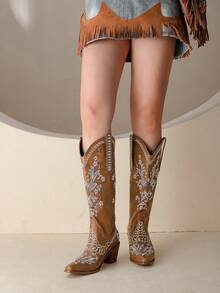 女士高跟復古刺繡長筒靴，女士牛仔靴 - 棕色 - 查看 3