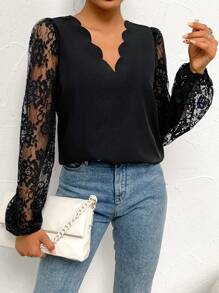 SHEIN Clasi 蕾絲拼接燈籠袖貝殼邊襯衫 - 黑色 - 查看 1