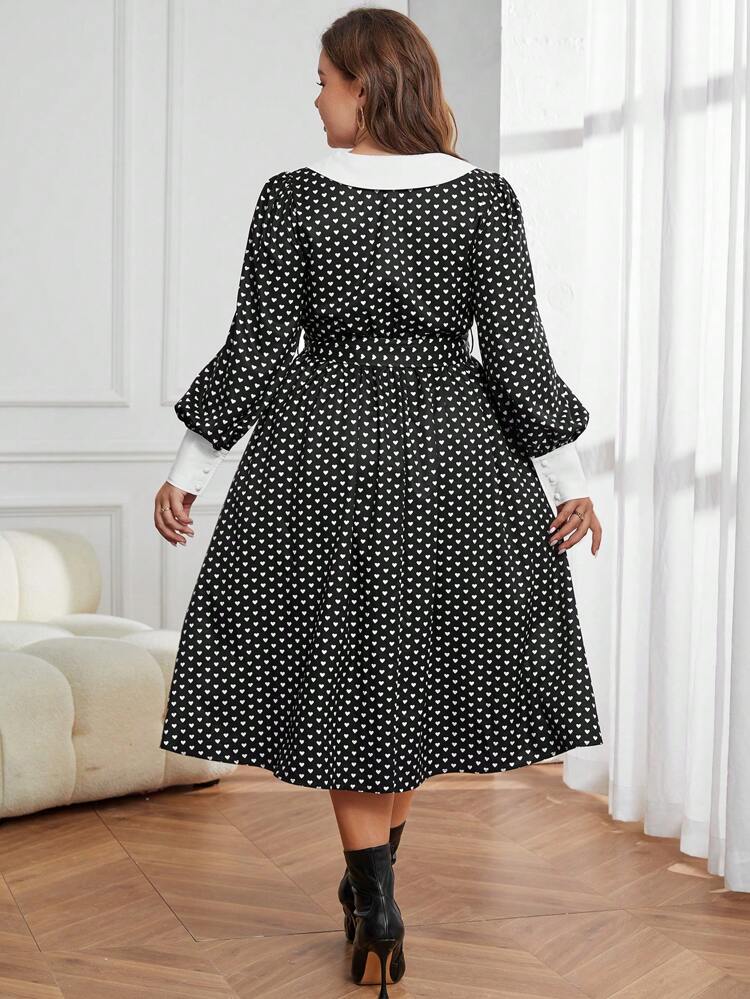 Plus Heart Print Contrast Collar Belted Dress
