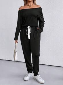 SHEIN LUNE 大碼不對稱領腰部抽繩連身褲 - 黑色 - 查看 5