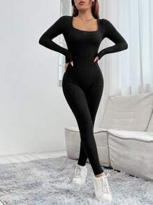 SHEIN PETITE Square Neck Ribbed Knit Unitard Spring Women Jumpsuit - Black - View 6