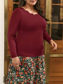 SHEIN Frenchy Áo thun Plus size Sò điệp màu trơn Giải trí - Màu Đỏ Sâu - Xem 3