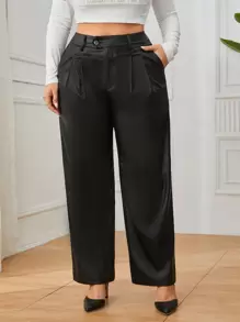 SHEIN Clasi Plus Size Plain Color High Waist Straight Leg Pants Fall Cloth For Women - Black - View 3