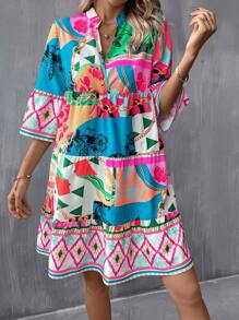 Breezaya Geo Print Flare Sleeve Ruffle Hem Smock Dress