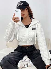 SHEIN EZwear Màu thuần In Chevron Dây rút áo có mũ Quần skinny Áo nỉ - trắng - Xem 5