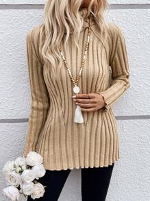 SHEIN LUNE 高領插肩袖條紋針織套頭毛衣 - 卡其色 - 查看 1