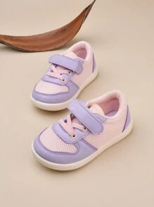 女孩織網拼接休閒運動鞋,舒適魔鬼氈帶,透氣平底鞋底 - 粉色 - 查看 1