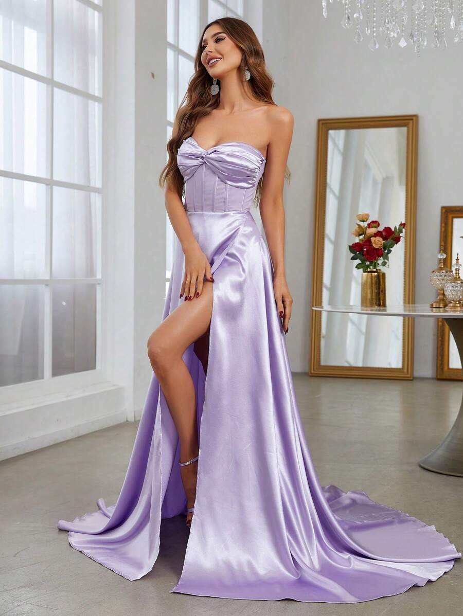 Twist Front Split Thigh Satin Tube Prom Party Dress - Mauve Purple - View 1